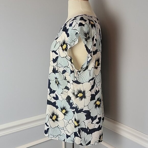 ANN TAYLOR FACTORY Blue Floral Pleated Keyhole Cap Sleeve Shell Office Top L - Picture 2 of 8